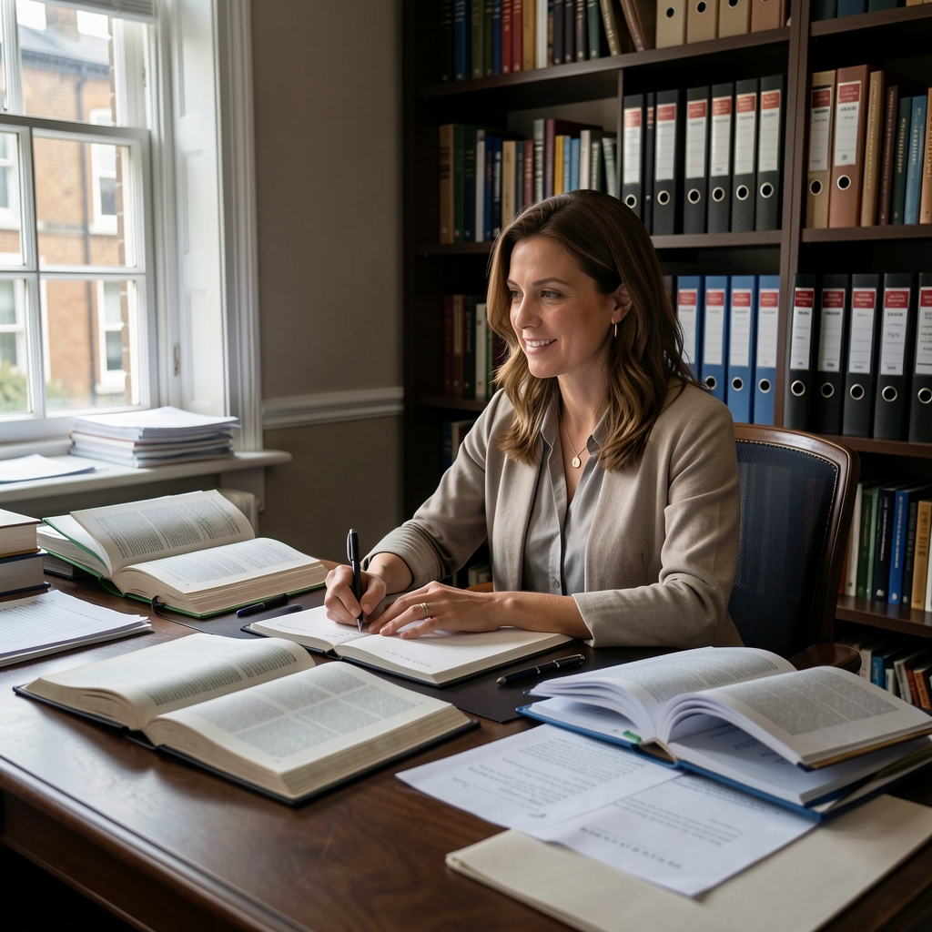 Nutrition specialist working at a desk surrounded by open reference books, annotated research papers, and structured case-file folders in a dark-toned London office
