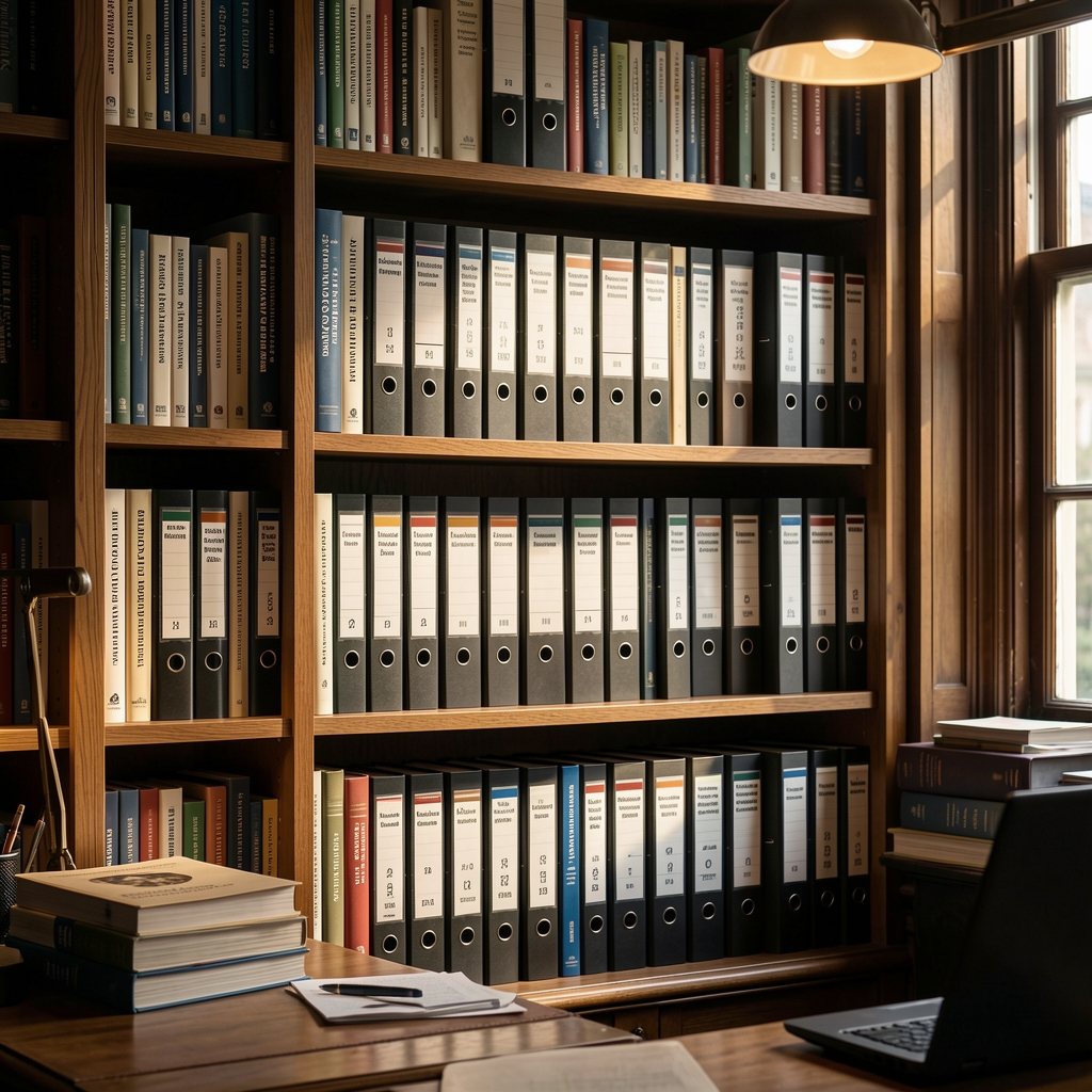 Bookshelf of nutrition research volumes and case-file binders in a dimly lit London office workspace with accent lighting