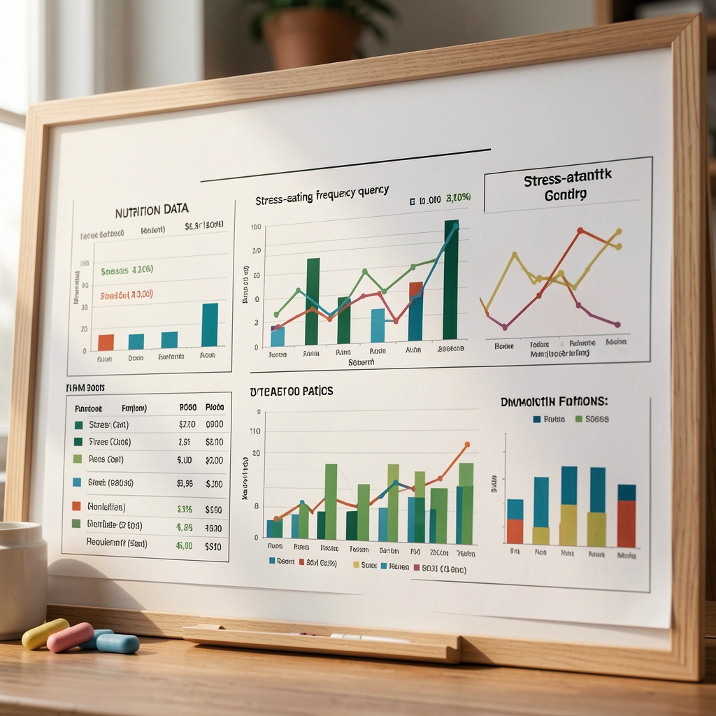 Close-up of a nutrition data analysis board with printed charts tracking stress-eating frequency patterns across a twelve-month observation period
