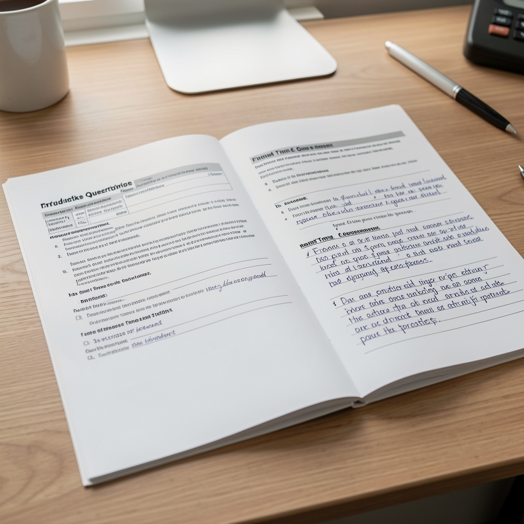 Desk surface showing open structured intake questionnaire documents with handwritten field notes on emotional eating triggers and meal timing observations