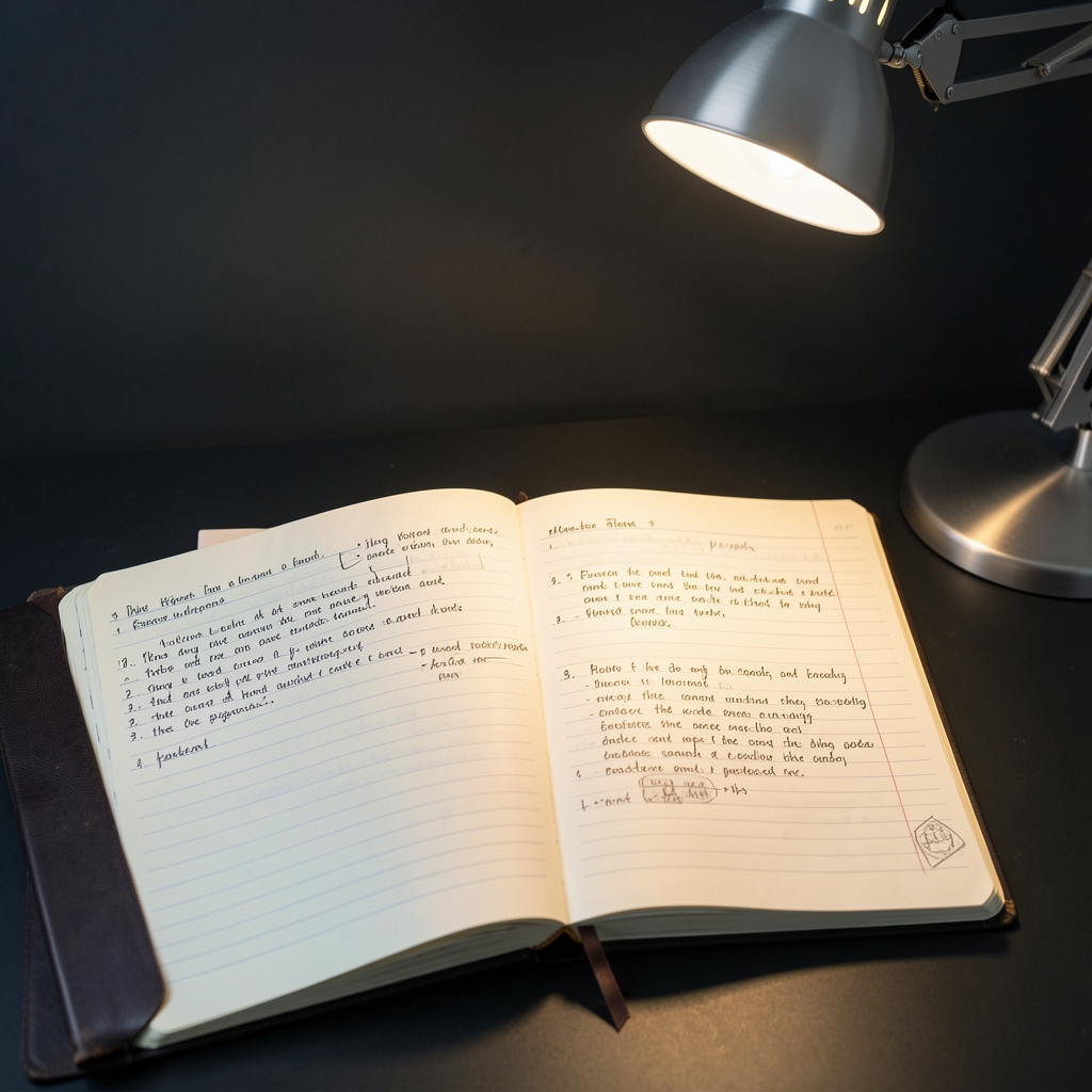 Open research notebooks and food journal laid on a dark surface with a single lamp illuminating handwritten annotations about eating patterns