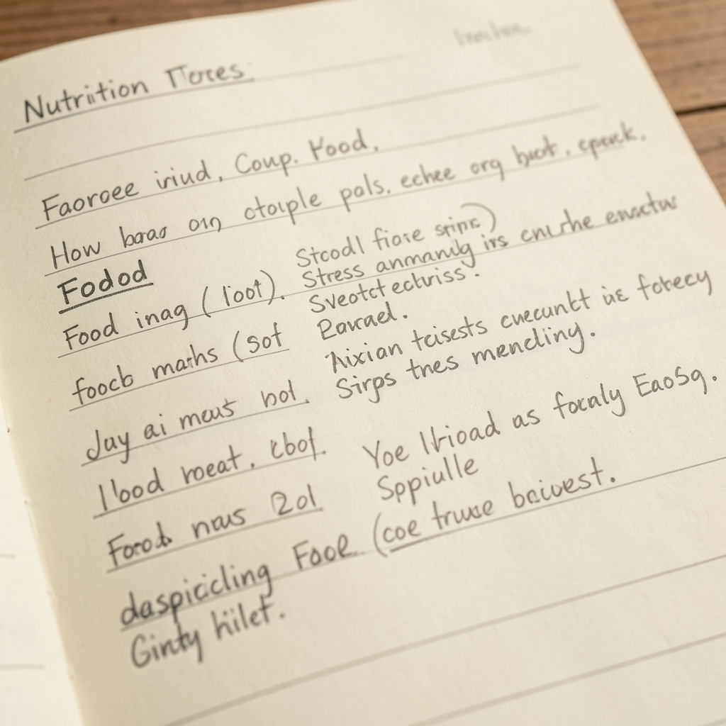 Close-up of handwritten nutrition field notes on cream paper with pencil annotations tracking food intake and stress events over a two-week period