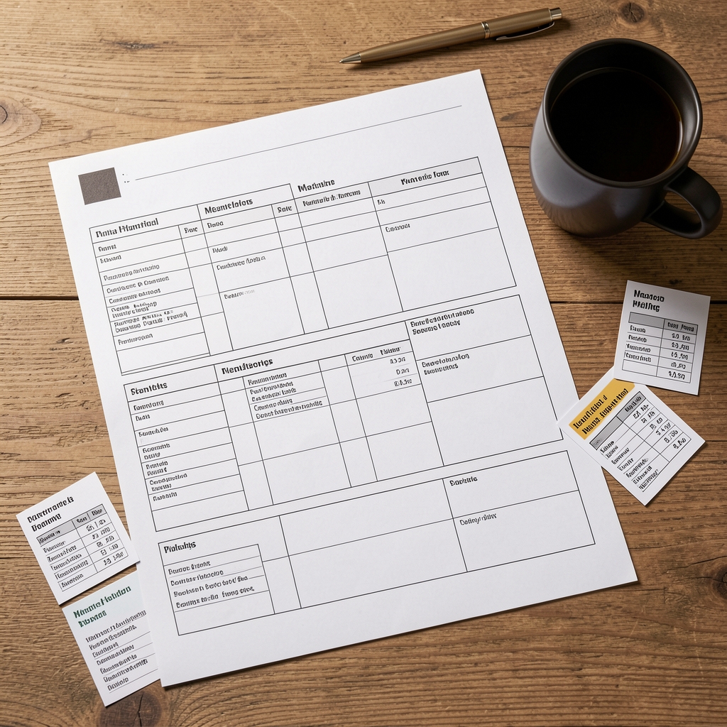 Overhead view of a structured meal planning worksheet spread across a wooden desk with annotated nutritional data cards and a dark coffee mug