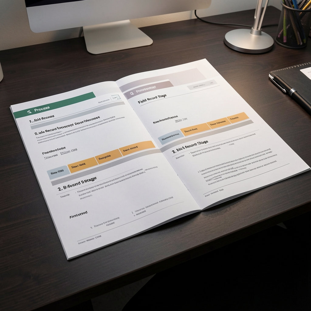 Structured methodology document spread across a large dark desk with numbered process tabs, each labelled with a field-record stage and cross-reference code under controlled workspace lighting