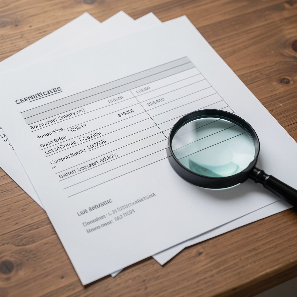 Close-up of supplier documentation and batch certificate papers spread on a wooden surface, showing lot numbers and composition records with a magnifying glass resting alongside