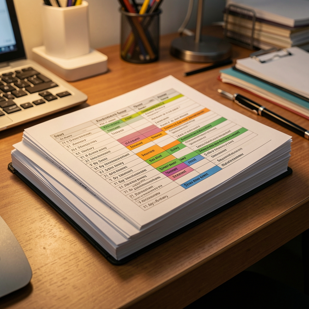 Annotated field log pages stacked on a research desk, showing multiple 21-day documentation entries with colour-coded stress event markers under warm workspace lighting