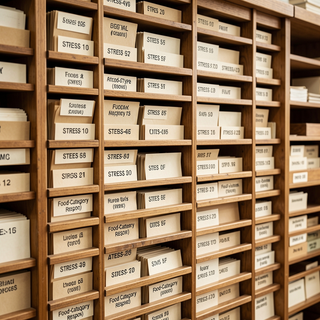 Cross-reference index card system in a wooden card catalogue, each card labelled with a stress-type code and a food-category response notation, arranged in alphabetical sequence