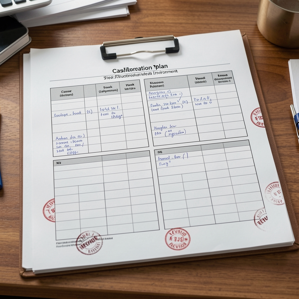 Open calibration plan document on a desk with revision stamps, showing a four-week structured meal environment grid with handwritten adjustment notes and a case reference header