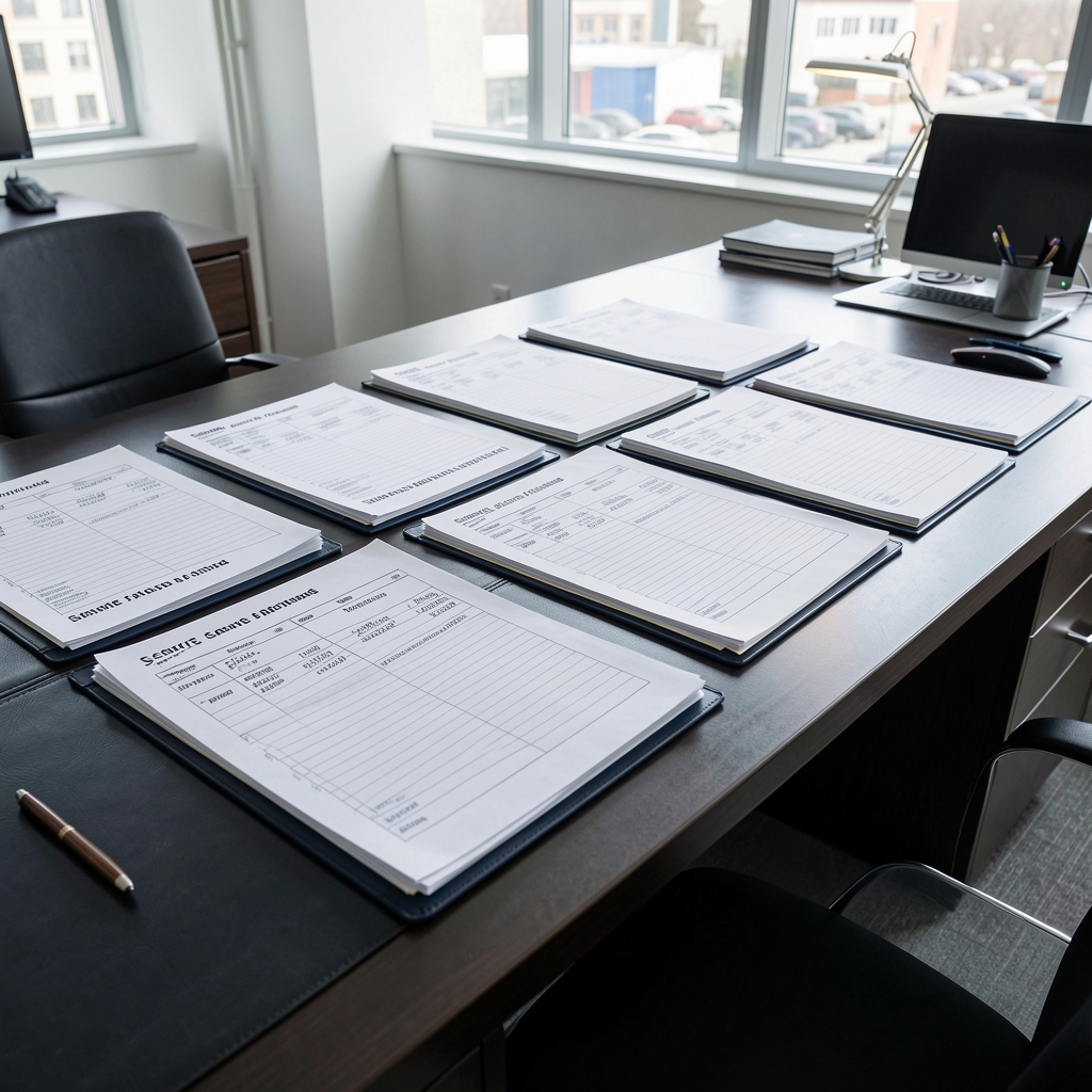Wide shot of a structured workspace with multiple service record folders laid open on a large dark desk, each labelled with case reference codes and date ranges