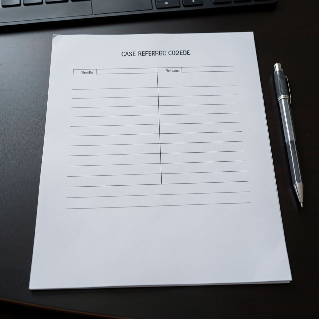 Structured intake questionnaire document spread flat on a dark table with a mechanical pencil resting on the edge, case reference code visible at the top