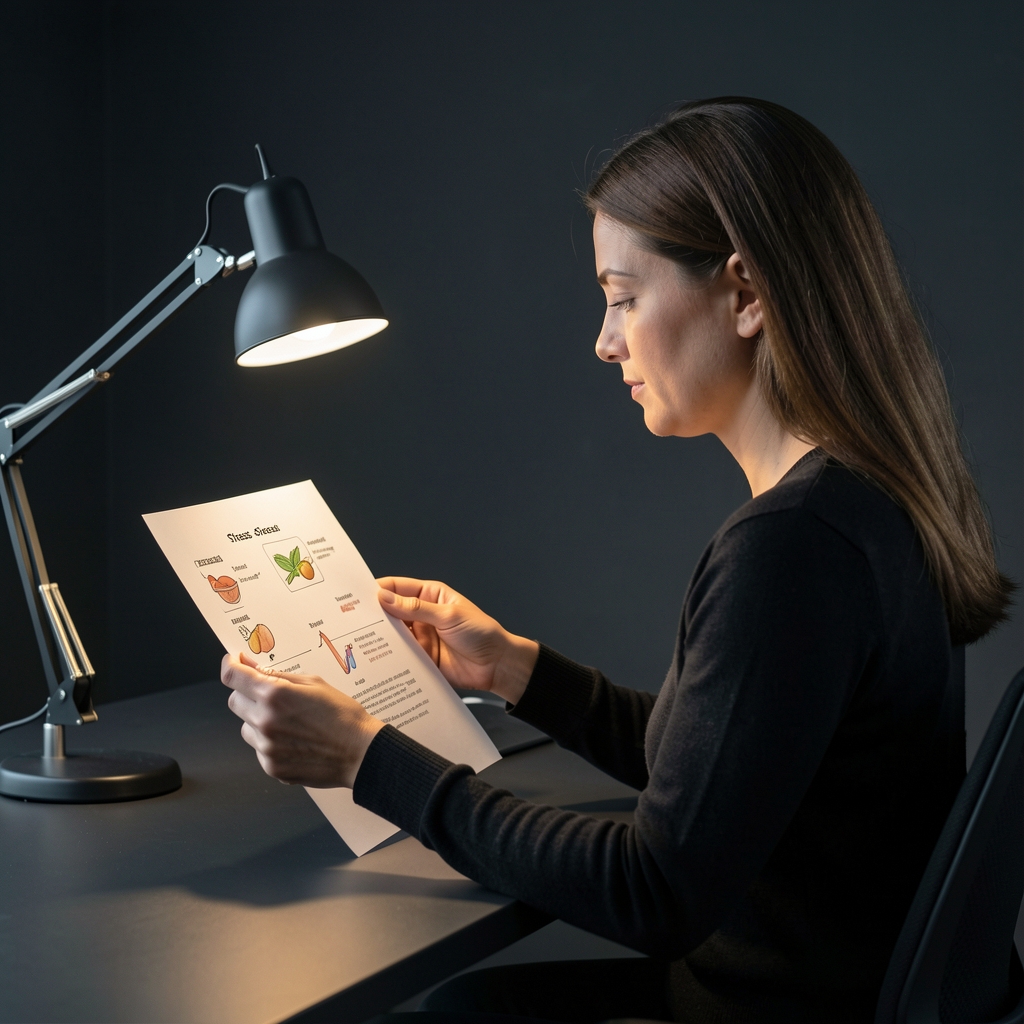 Side view of a nutrition specialist reviewing annotated stress-eating pattern charts printed on matte paper under a studio desk lamp in a minimalist dark office