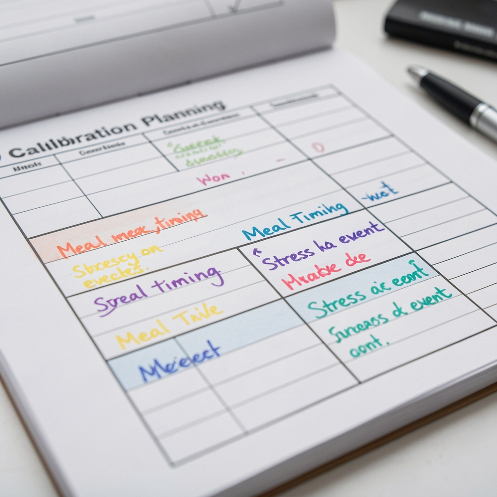 Close-up of a calibration planning worksheet showing a four-week meal timing grid with handwritten annotations in coloured ink indicating stress event markers